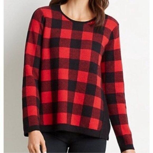 J. Jill Buffalo Check Red Sweater Fall Hayride Winter Christmas Holiday Oversize - Picture 1 of 7